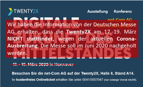 Die Deutsche Messe AG verschiebt die TWENTY2X wg. Corona-Virus! 